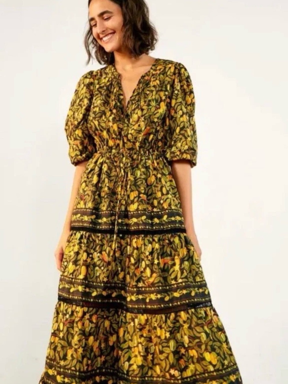 Farm Rio Star Fruits Maxi Dress Yellow Black Cotton Puff Sleeve Size S - Picture 9 of 9